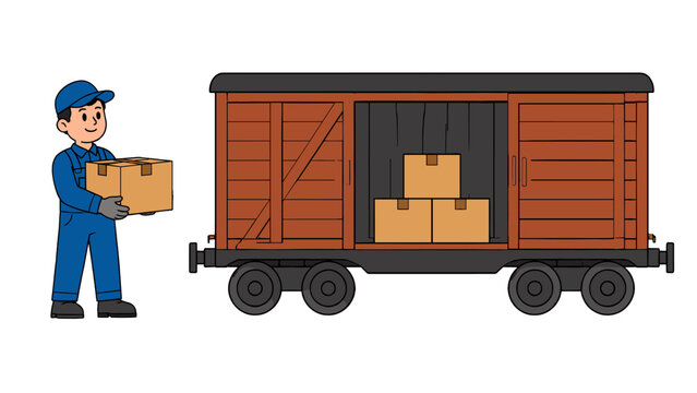 Railway worker carrying a box beside an open freight car
