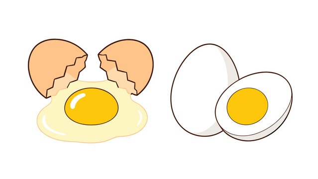 Cracked raw egg and halved hard-boiled egg
