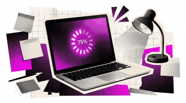 Halftone collage of laptop computer with progress loading wheel on screen and desk lamp, mixed media retro pop art cutout with paper textures, slow internet buffering and computer update concept