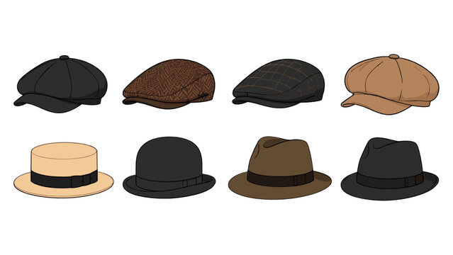 Set of flat caps and classic brimmed hats