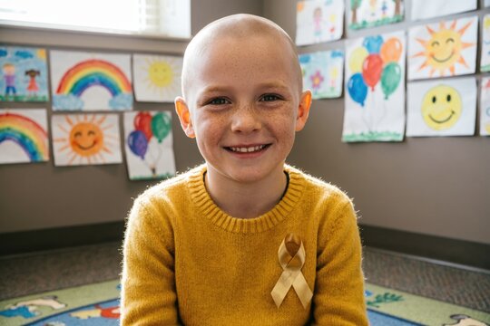 Un ni&ntilde;o calvo con pecas, vestido con un su&eacute;ter amarillo y un lazo dorado en el pecho, con una sonrisa valiente; concienciaci&oacute;n sobre el c&aacute;ncer infantil