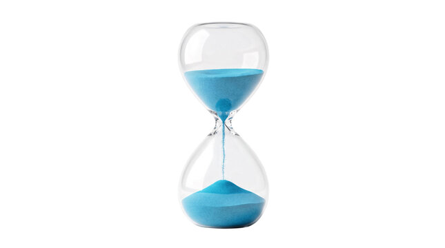 Glass hourglass with blue sand flowing downward isolated on transparent background