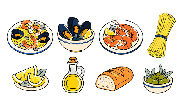 Hand drawn Mediterranean food and seafood set