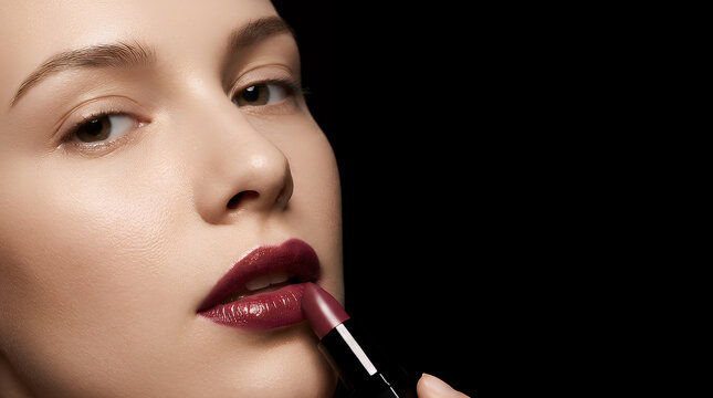 Close-up of a woman's lips applying deep red lipstick from a sleek black tube, showcasing makeup application and beauty.