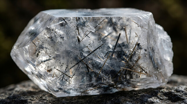 Transparent quartz specimen filled with dark needle like tourmaline inclusions rests upon a weathered dark surface.