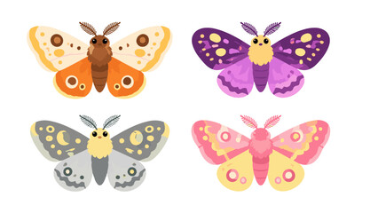 Obraz premium Set of colorful cartoon moths with patterned wings