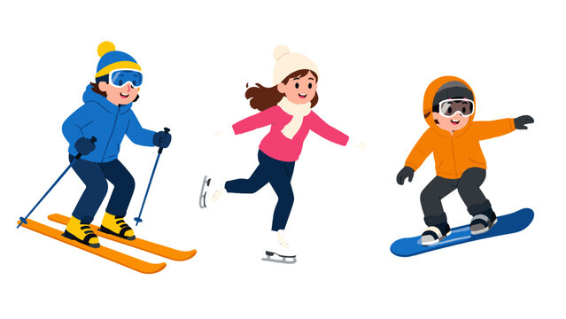 Children skiing ice skating and snowboarding