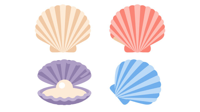 Pastel seashell set with an open clam and pearl