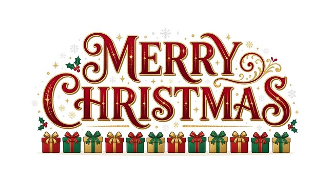 Watercolor merry christmas lettering with a row of colorful gift boxes below the text