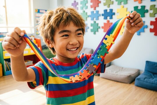 Ni&ntilde;o de cabello casta&ntilde;o claro y camiseta a rayas que sostiene una pieza de rompecabezas con los colores del arco&iacute;ris; expresi&oacute;n alegre y curiosa; aceptaci&oacute;n del autismo, neurodiversidad e inclusi&oacute;n