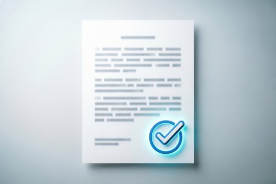 Documento digital con l&iacute;neas de marcador de posici&oacute;n para el resumen y un icono de firma electr&oacute;nica brillante con un s&iacute;mbolo de marca de verificaci&oacute;n que representa contratos verificados