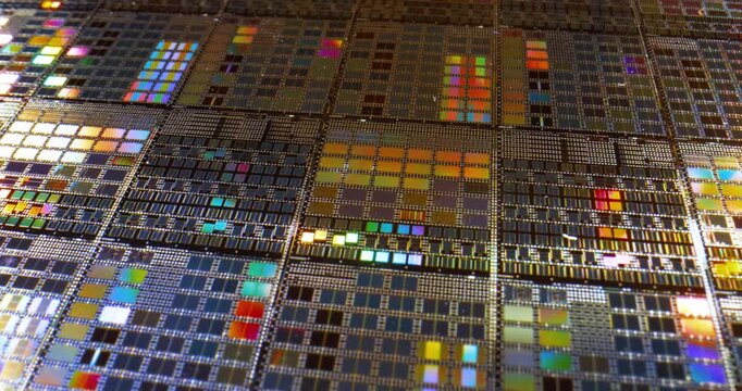 Silicon semiconductor wafer with integrated circuit die mosaic pattern.