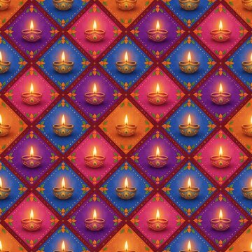 Diwali seamless pattern background with colorful geometric diamond shapes and burning diyas
