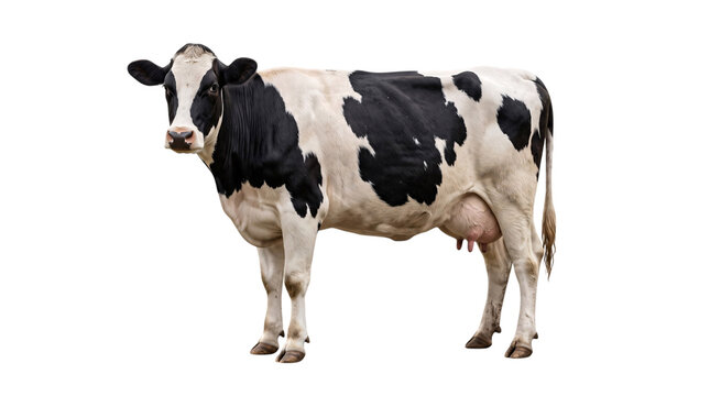 Holstein friesian cow standing on white background, isolated on transparent background