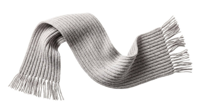 Light gray knitted scarf with fringe on white isolated on transparent background