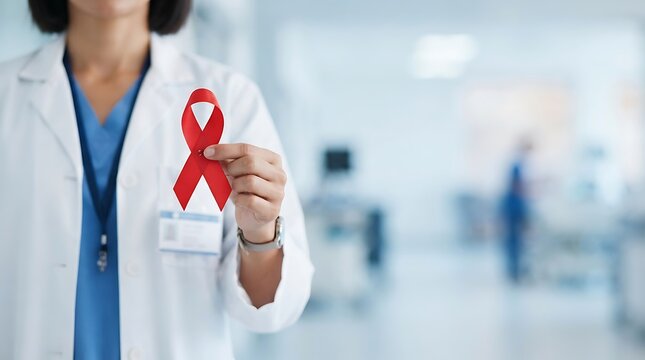 Healthcare professional holding a red ribbon for World AIDS Day