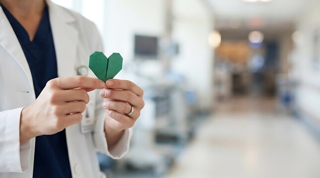 Doctor holding a green paper heart in a hospital corridor for AIDS