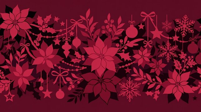 Seamless border natal vektor bunga poinsettia dan ornamen merah