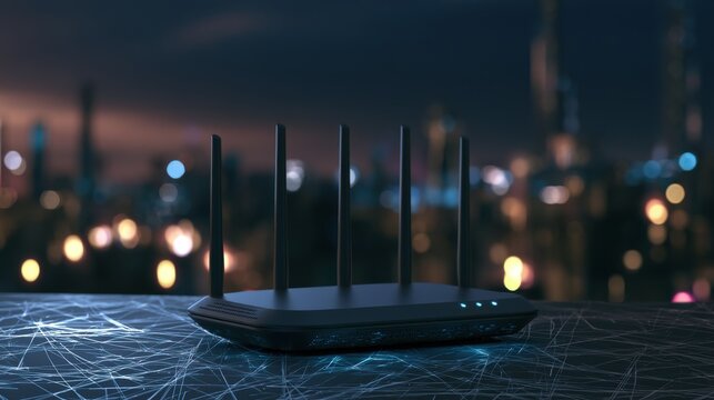 Black wireless router emitting blue light with city bokeh background