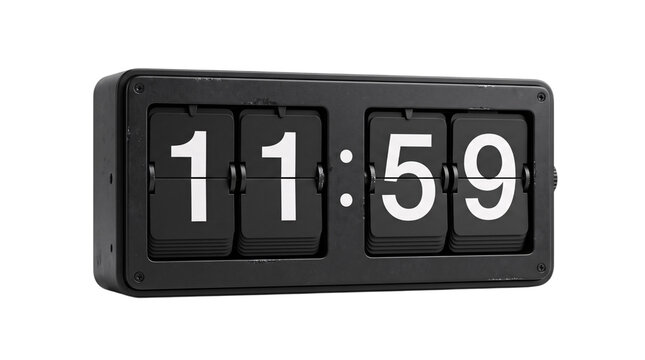 Vintage flip clock showing 11:59 time on white isolated on transparent background