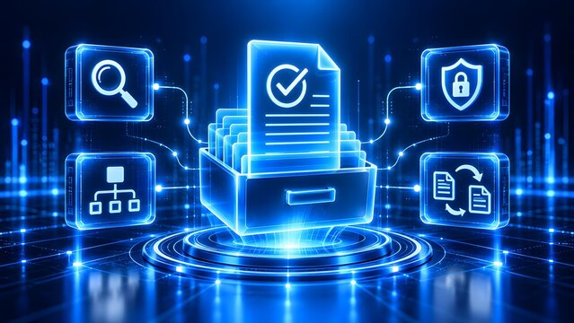 Digital bureaucracy and secure file sharing concept with glowing folder database search and sync icons