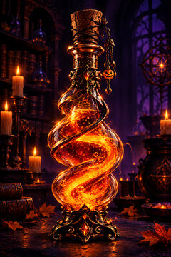 Halloween magic potion bottle with glowing orange liquid