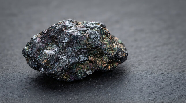Hematite nodule rests gracefully on a dark textured slate background highlighting its metallic luster.