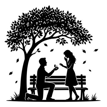 Romantic couple silhouette showing man proposing marriage to woman beneath large tree illustration