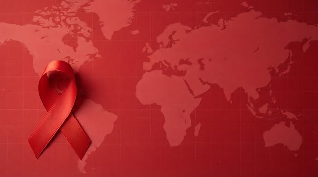 World AIDS Day red ribbon symbol on a global map background