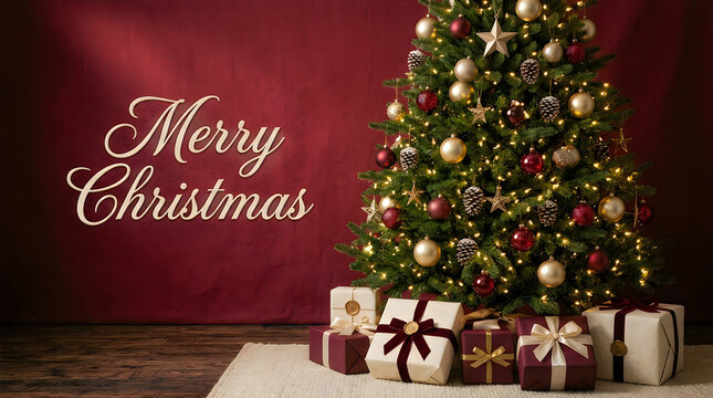 A festive christmas scene featuring a beautifully decorated tree and wrapped gifts below