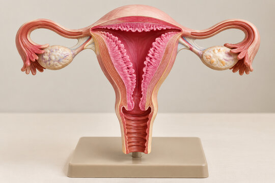 Anatomical model of uterus cross-section showing endometrium, female reproductive system and education concept
