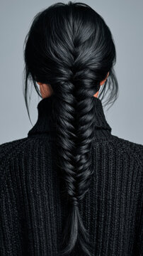 Black hair fishtail braid on woman wearing black sweater, back view, hairstyle with loose strands, smooth texture, neat and elegant look