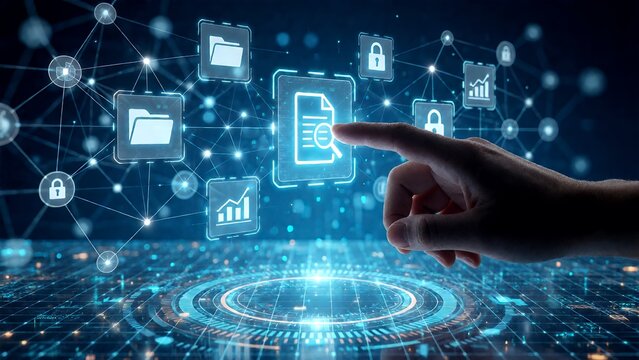 Close up of a human hand interacting with a digital document icon and glowing data network interface in a futuristic cyber security and cloud computing information technology concept