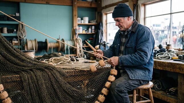 Technician renews float line on a fishing net