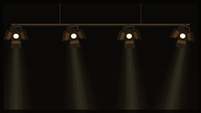 Stage spotlight bar with moving light beams on dark background for theatre performance animation