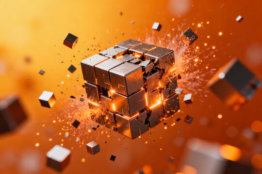 A 3D rendered metallic cube structure disintegrates, sending fragments and sparks outward against a warm orange background.