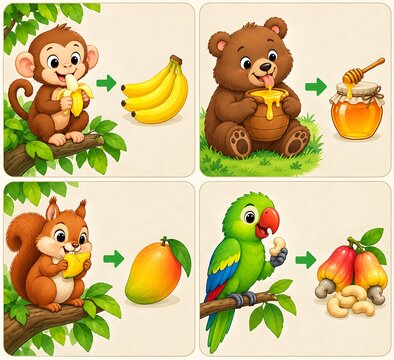 Cute wild animals with their favorite food in a 2x2 grid set, vector style illustration of cute wildlife animals eating, kids educational concept