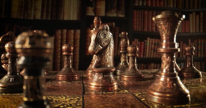 Camera Moves Between Antique Chess Pieces in a Vintage Library.