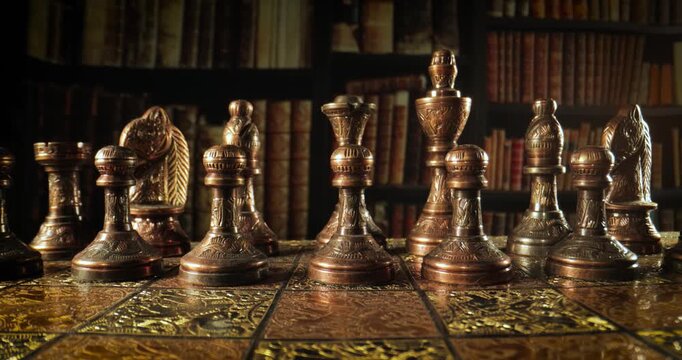 Camera Moves Between Antique Chess Pieces in a Vintage Library.