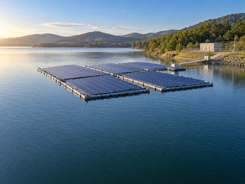 Floating solar array with a reservoir service pontoon