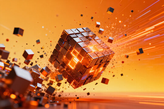 A 3D rendered metallic cubic structure disintegrates dynamically, with glowing fragments and light effects against a warm gradient background.