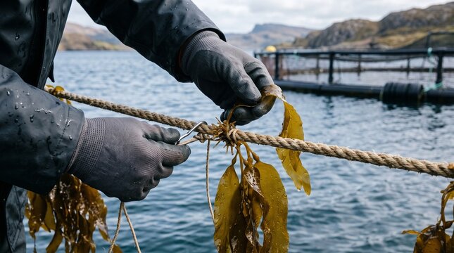 Hands inspect young kelp on an aquaculture line