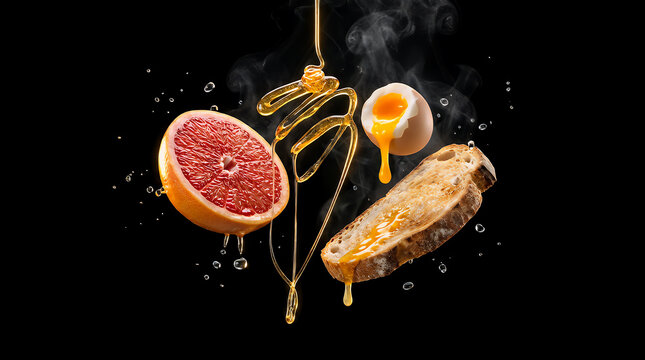 A dynamic breakfast composition features a dripping grapefruit, a runny egg yolk, and honey pouring onto toast, suspended in mid-air with steam and water droplets.