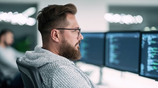Software developer working on computer code in modern office