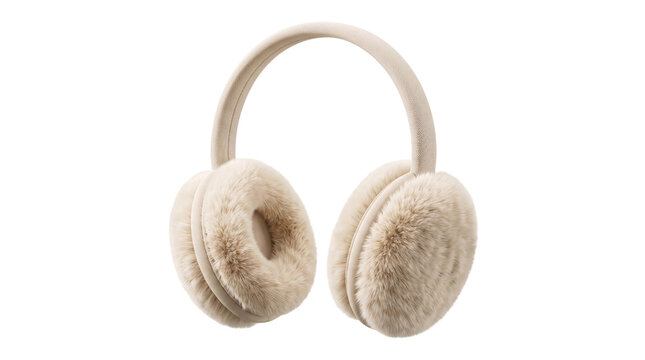 Creamy white plush earmuffs with padded headband front isolated on transparent background