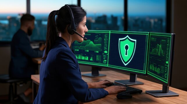 Cybersecurity analyst monitoring network security in office at night
