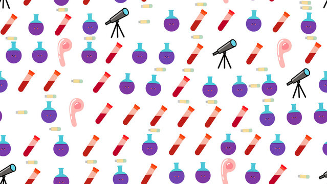 Cute science pattern with test tubes, flasks, and telescopes