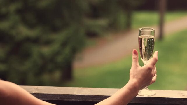 Hand raises a single champagne glass from a railing in a garden toast