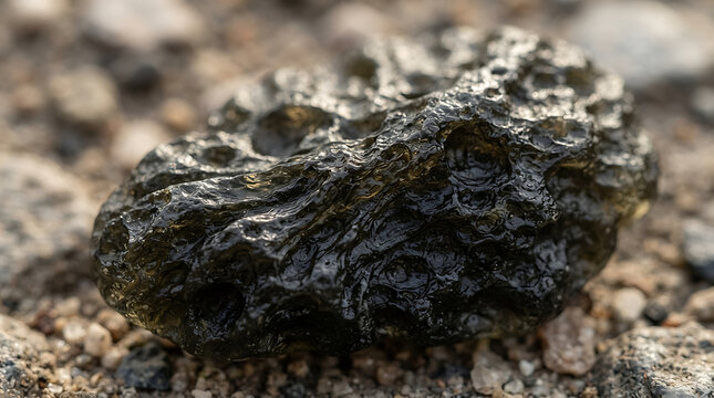 Moldavite tektite green impact glass stone featuring a rough pitted texture lying outdoors on a rocky ground background.