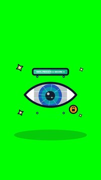 4K digital cyber eye scanning with privacy shutter defense, biometric iris aperture, and zero tracking badge on chroma green screen background loop.